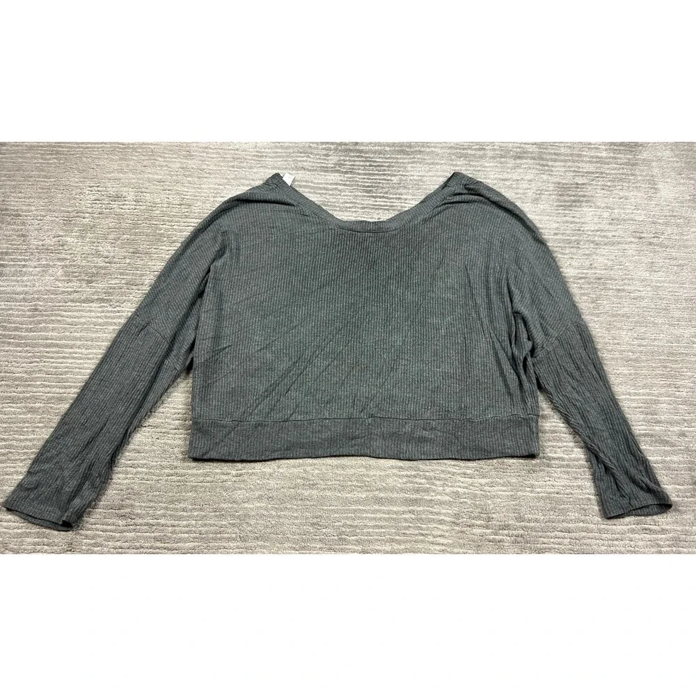 Auden Sleep Top Womens L Gray Ribbed Knit Long Sleeve V-Neck Relaxed Cropped